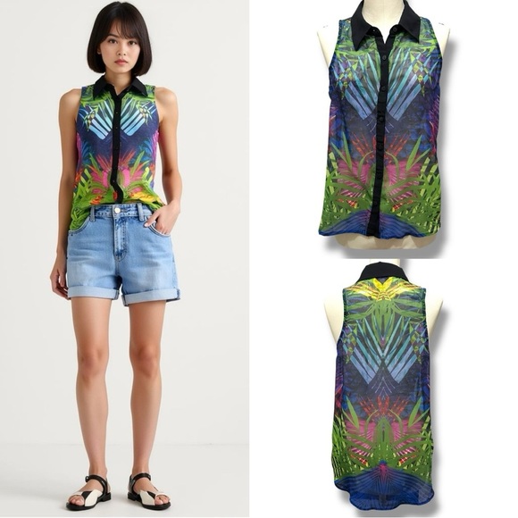 Decree | Sleeveless Button-Down Blouse – Colorful Tropical Jungle Print (Size M) - Picture 1 of 9